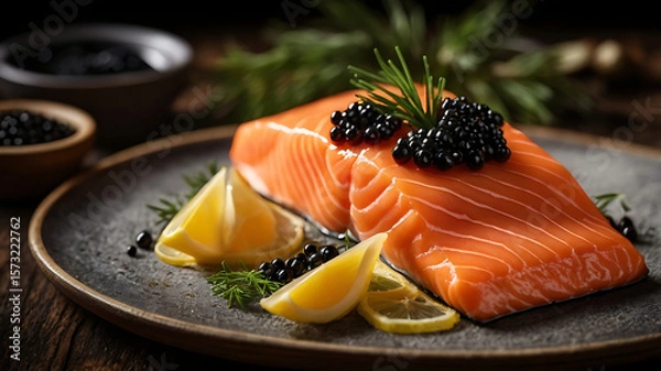 Fototapeta A beautifully presented plate featuring fresh salmon fillet, caviar, and lemon slices.