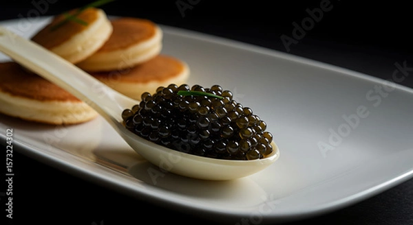 Fototapeta A close-up shot showcasing a spoonful of black caviar, served with small pancakes.