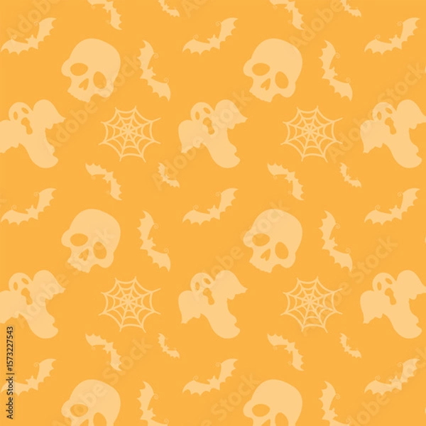 Fototapeta Halloween seamless pattern with bat, skull, ghost and spider web. Spooky pattern for wrapping paper, textile prints, wallpapers. Vector illustration.