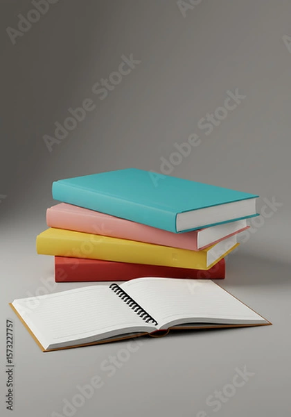Fototapeta Stack of four colorful books with an open notebook in front, all against a neutral gray background.