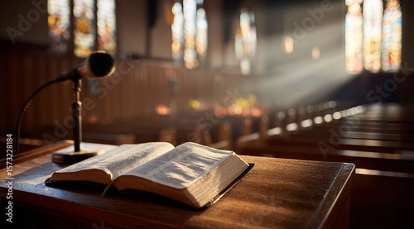 Fototapeta Bible services in the church on the background of the cross. An open Bible in the pulpit of the church.