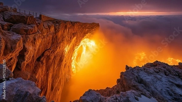 Obraz Majestic Cliffside Landscape Bathed in Glowing Sunset with Ethereal Mist and Dramatic Rocks