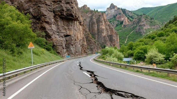 Obraz Cracked Mountain Road: Nature vs. Infrastructure Amidst Lush Greenery and Rocky Cliffs