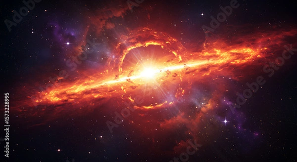 Fototapeta A vibrant cosmic explosion, fiery nebulae and intense energy radiating outward in space.