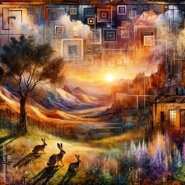 Fototapeta “Rabbits frolic through a vivid dreamscape, as a glowing sunset meets distant peaks and surreal geometry weaves through nature.”