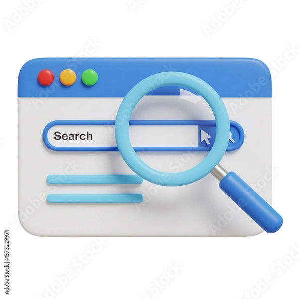 Fototapeta 3D search engine browser window with a magnifying glass icon for SEO. Isolated on transparent background, png