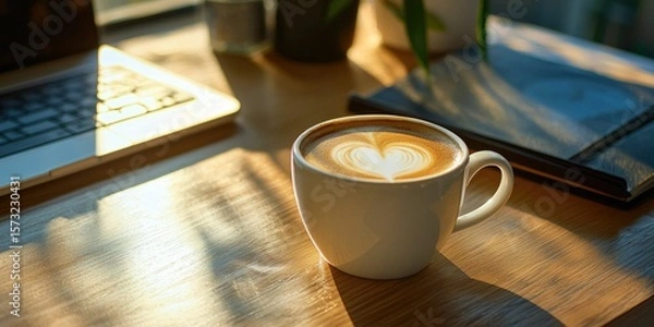 Fototapeta Gentle morning light on heart latte in white cup placed on neat desk