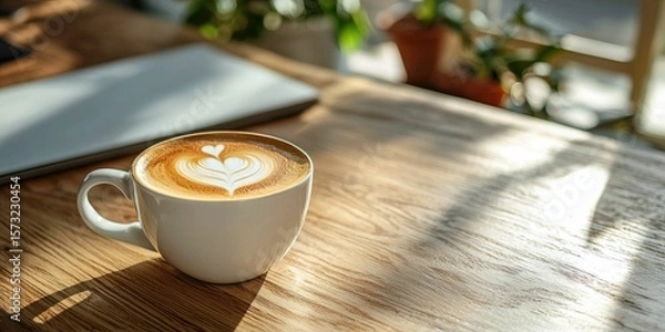 Fototapeta Gentle morning light on heart latte in white cup placed on neat desk