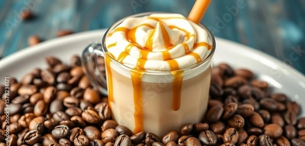 Obraz Creamy coffee drink nestled in coffee beans, drizzled with caramel,  overhead,  tasty