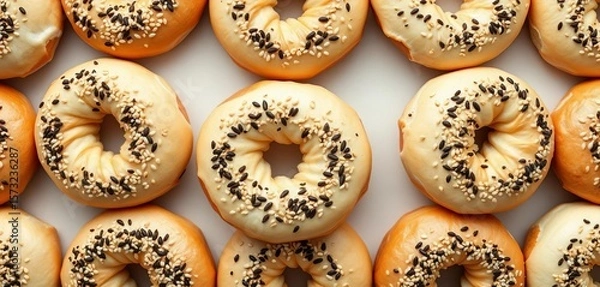 Obraz Delicious top-view seamless pattern of white and brown sesame bagels , toasted, brown