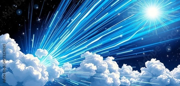 Obraz Dynamic blue energy streaks, shooting stars, fluffy clouds; vibrant comic style,  explosion,  texture