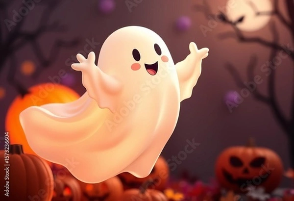 Obraz Pastel ghost playfully floats, charming, whimsical Halloween design,  kawaii,  holiday