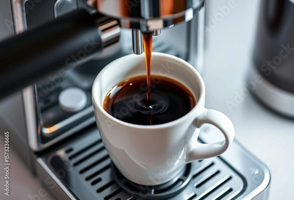 Obraz Rich dark coffee pouring into a pristine white cup from a gleaming automatic coffee maker,  kitchen,  machine