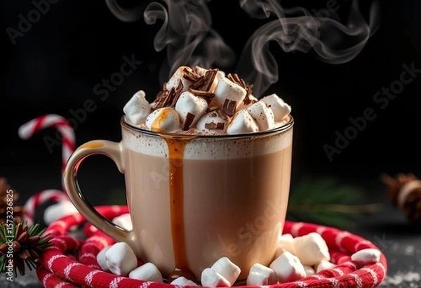 Obraz Steaming Christmas hot chocolate in a large coffee mug, topped with marshmallows, chocolate shavings, and syrup; dark background, photography, syrup