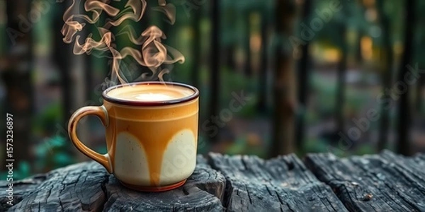 Obraz Steaming latte art in a rustic mug on weathered wood, forest backdrop,  autumn,  dark