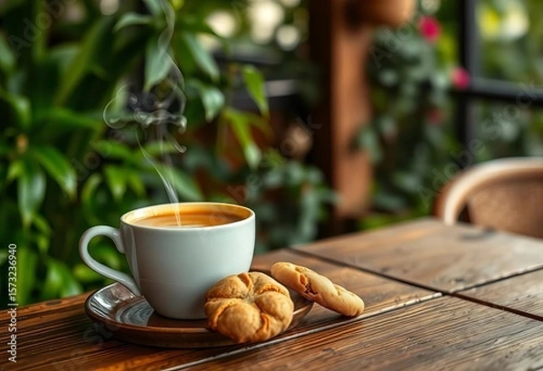 Obraz Steam rising from cappuccino beside cookies on rustic wooden cafe table, lush greenery blurred background, garden, cafe