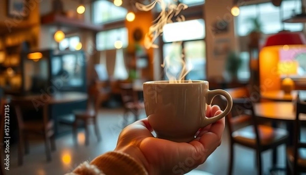 Obraz Warm light illuminates a hand gently cradling a steaming coffee cup in a cozy cafe,  top view,  comfort