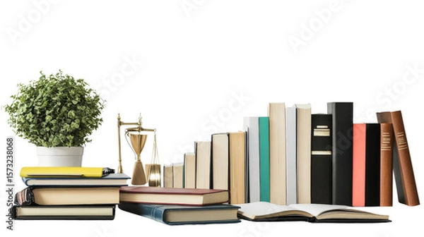 Fototapeta Lawyer or consultants desk with files, law books, and pen stand, background isolated on a Transparent background, PNG file.