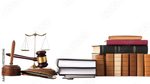 Fototapeta Lawyer or consultants desk with files, law books, and pen stand, background isolated on a Transparent background, PNG file.