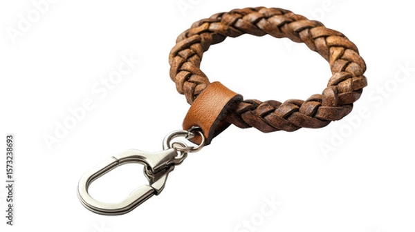 Fototapeta Leather braided keychain with sturdy metal clasp, background isolated on a Transparent background, PNG file.