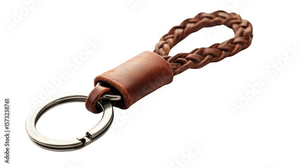 Fototapeta Leather braided keychain with sturdy metal clasp, background isolated on a Transparent background, PNG file.