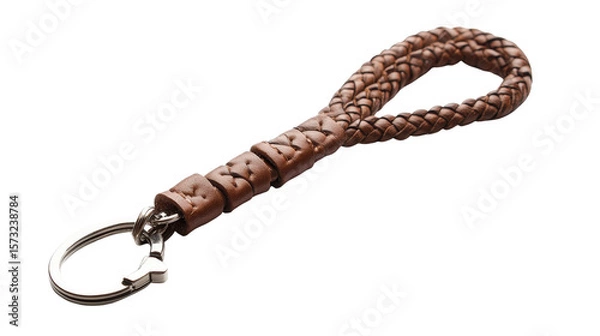 Fototapeta Leather braided keychain with sturdy metal clasp, background isolated on a Transparent background, PNG file.