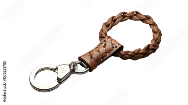 Fototapeta Leather braided keychain with sturdy metal clasp, background isolated on a Transparent background, PNG file.