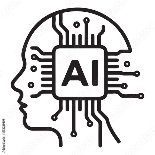 Fototapeta AI Technology Head with Circuit Lines – Vector Illustration