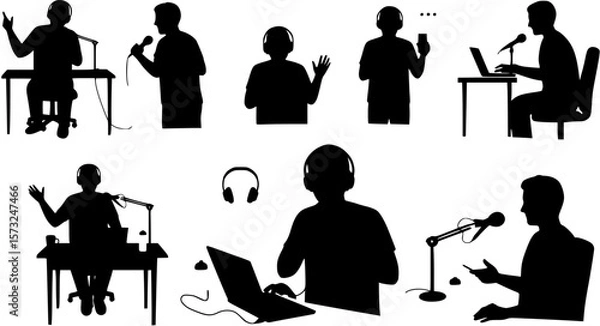 Fototapeta vector silhouette of a blogger hosting a podcast on a white background . Generative AI
