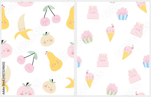 Fototapeta Cute Seamless Vector Pattern With Happy Fruits And Sweets. Hand Drawn Irregular Print With Apples, Pears, Cherries, Bananas, Cakes And Ice Creams On A White Background. Childish Style Kawaii Design.