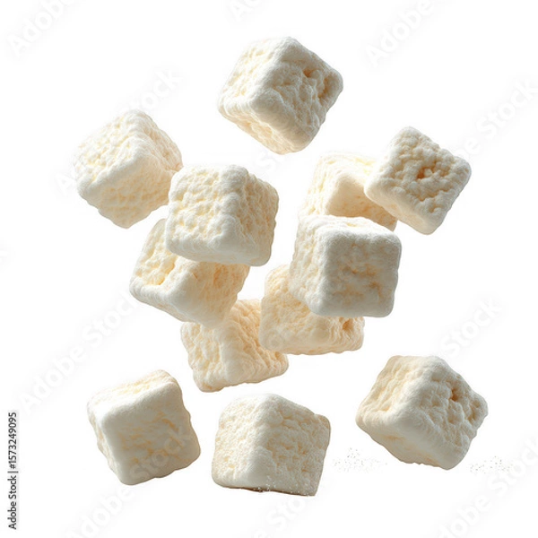 Fototapeta Falling creamy cubes of marshmallow isolated on transparent background