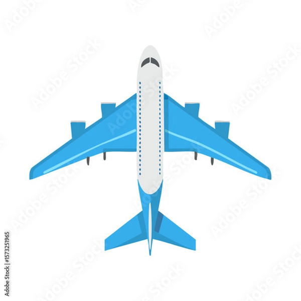 Fototapeta Aeroplane in flight with bright blue wings and fuselage against a white background aerial top shot