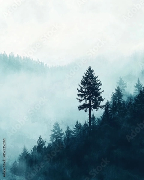 Fototapeta Forest scene with a dense fog or mist creating a serene and mysterious atmosphere. A lone, tall evergreen tree standing prominently against the misty background, copy space, 8x10 