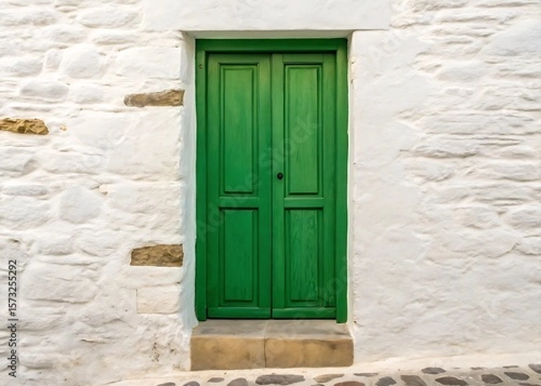 Fototapeta A charming green door is nestled within a white stone wall, creating a picturesque scene that evokes the timeless beauty of a european village and invites passersby to step inside