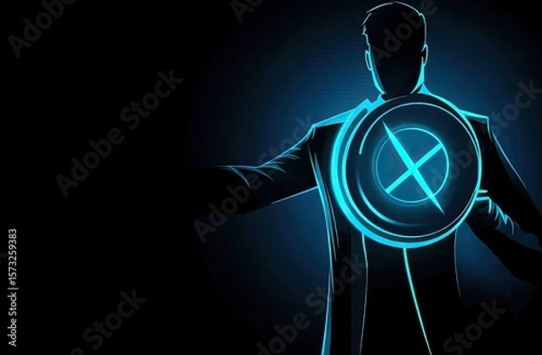 Fototapeta Silhouette of a person holding a glowing circular shield