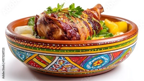 Obraz Roasted chicken leg with bacon and potatoes in a colorful bowl. The dish is garnished with fresh parsley.