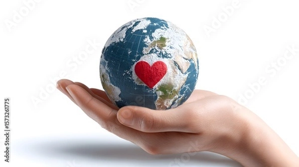 Obraz A caring hand cradling a globe with a red heart, symbolizing love and care for our planet