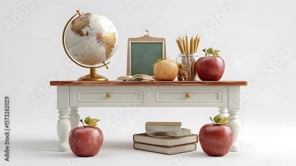 Obraz A charming school desk adorned with educational objects, including a globe, apples, and pencils, evokes a sense of learning and exploration.