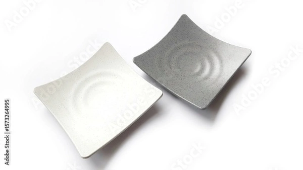 Fototapeta Empty square white and grey plates with ceramic melamin material isolated on white background