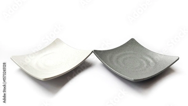 Fototapeta Empty square white and grey plates with ceramic melamin material isolated on white background