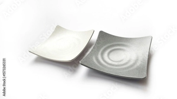 Fototapeta Empty square white and grey plates with ceramic melamin material isolated on white background