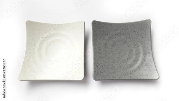 Fototapeta Empty square white and grey plates with ceramic melamin material isolated on white background