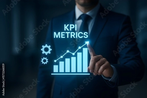 Obraz A businessman interacts with a digital interface displaying a growth graph and KPI metrics, indicating progress and success.