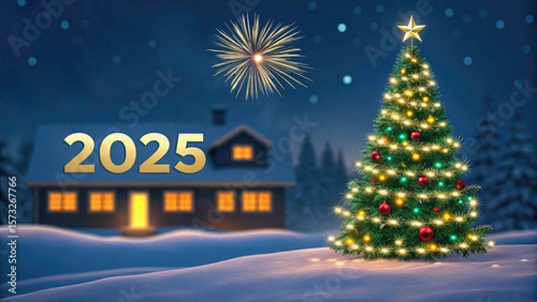 Fototapeta Christmas scene with illuminated tree house fireworks and 2025 text in snowy winter landscape
