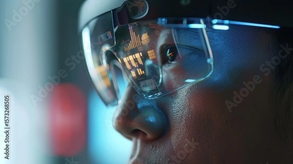 Fototapeta Person wearing ar glasses with data display