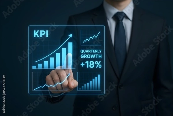 Fototapeta A businessman in a suit interacts with a digital interface showing positive quarterly growth of 18%.
