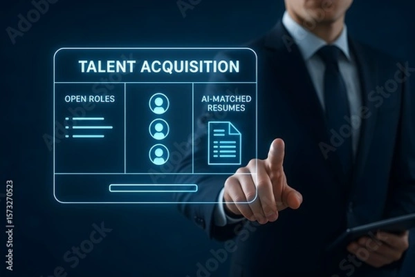 Fototapeta A businessman uses AI to match resumes to open roles, streamlining the hiring process.