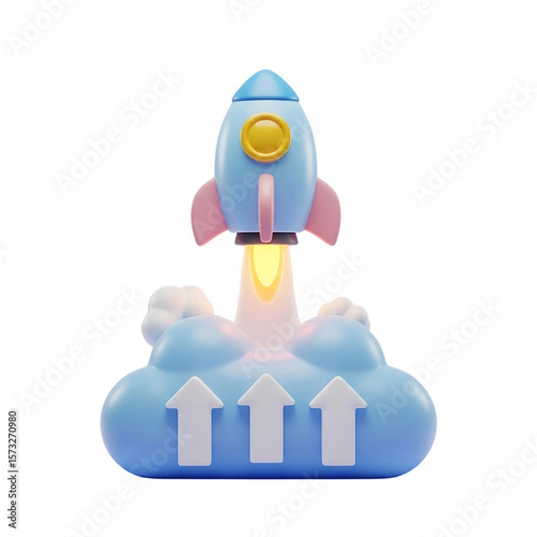 Fototapeta 3D icon of a rocket launching from clouds with upward arrows, symbolizing startup growth. Isolated on transparent background, png