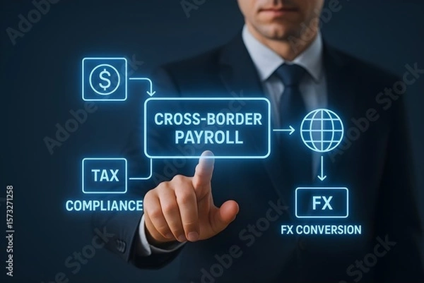Fototapeta A businessman interacts with a digital interface illustrating the process of cross-border payroll, encompassing tax compliance and foreign exchange conversion.