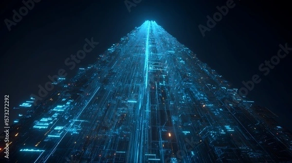 Fototapeta Massive data archive tower glowing with holographic AI blueprints and floating computational results
